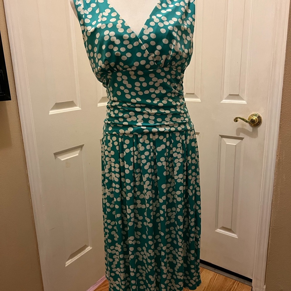 Jessica Howard V-Neck Sleeveless Polka Dot Green White Fit & Flare Dress Size 8